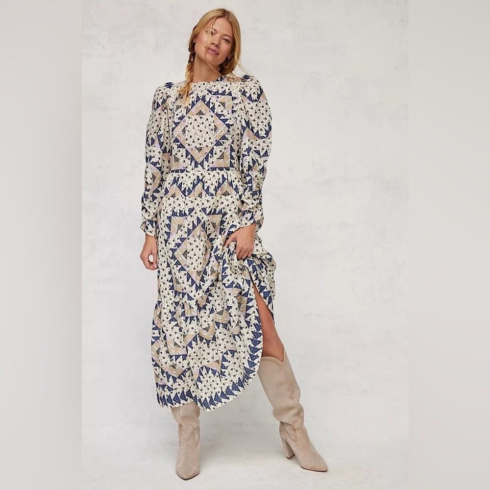 Anthropologie Othilia Patchwork Embroidered Maxi Dress Long Sleeves Tiered XS